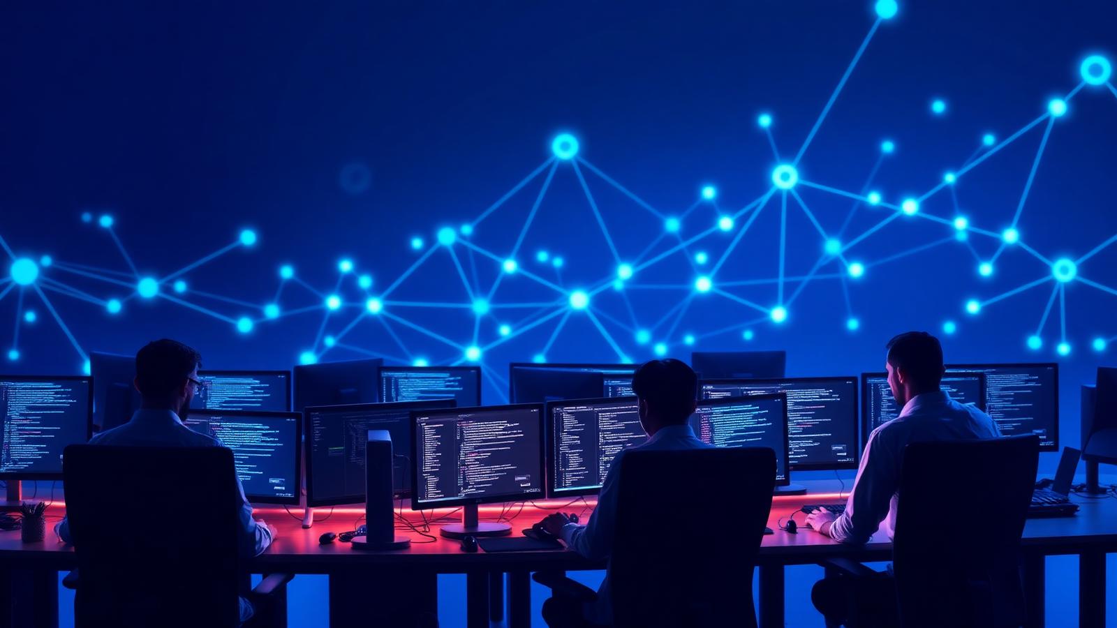 Software development team writing code